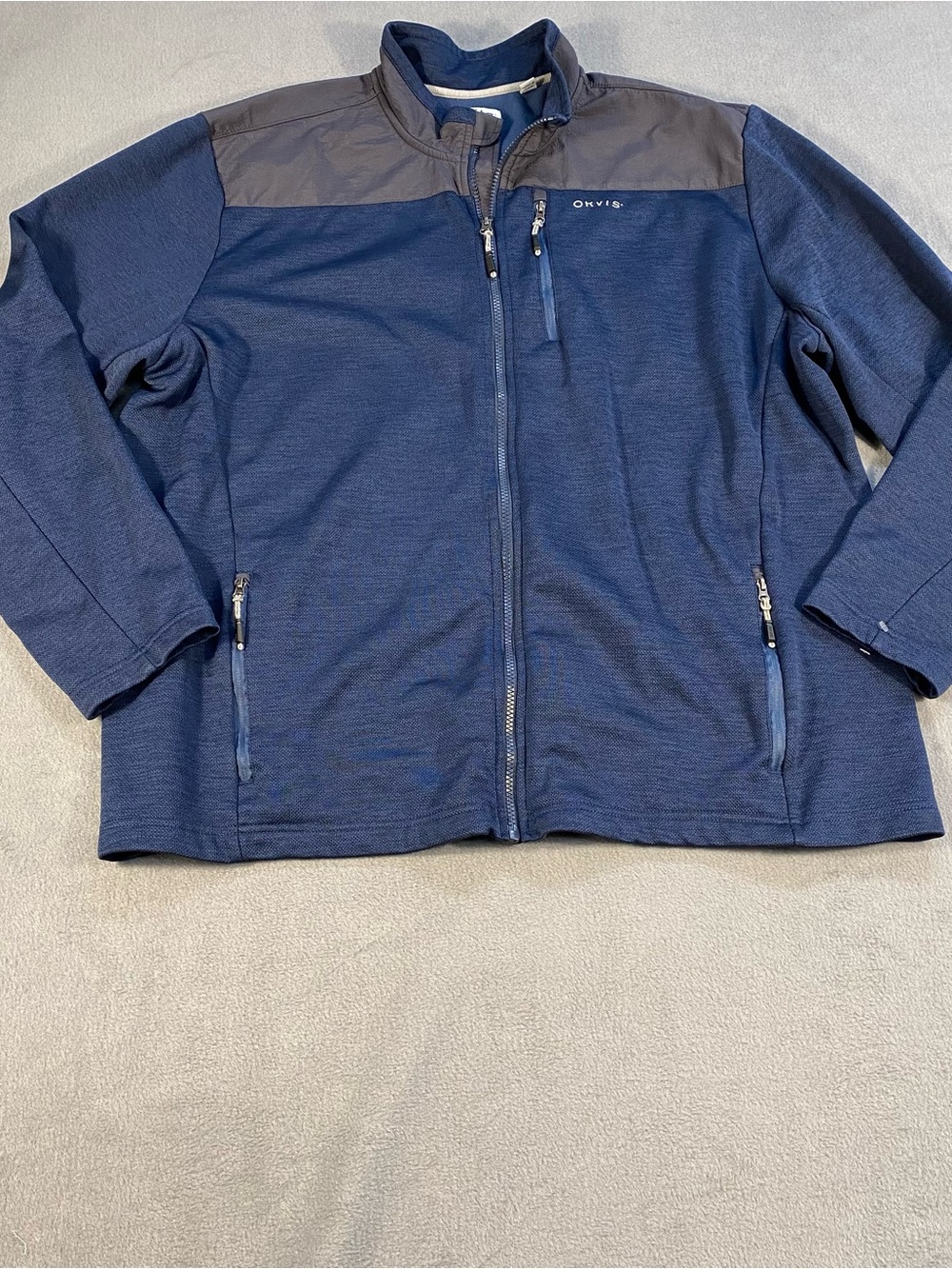 Orvis men’s Navy & Charcoal Zip-Front Long Sleeve Jacket, pockets, lined,size XL
